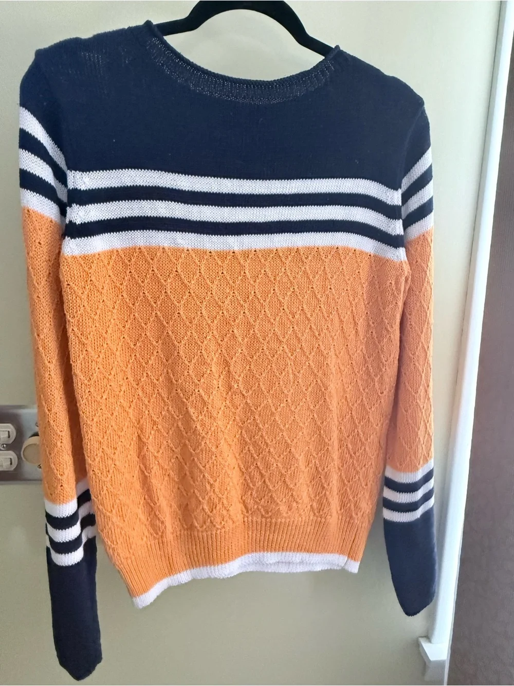 Amazon Colorblock Knit Crew Sweater in Mustard, Navy and White